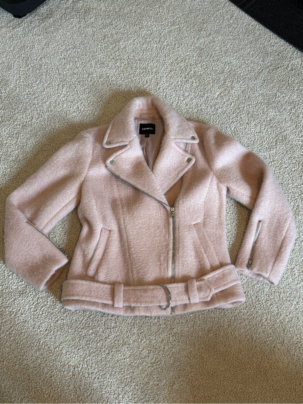 Express baby pink wool moto jacket